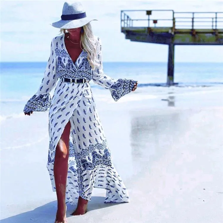 Plus Size Women's Bohemian Style V-Neck Long Sleeve Printed Maxi Dress