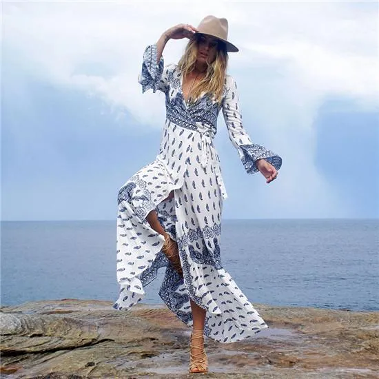 Plus Size Women's Bohemian Style V-Neck Long Sleeve Printed Maxi Dress