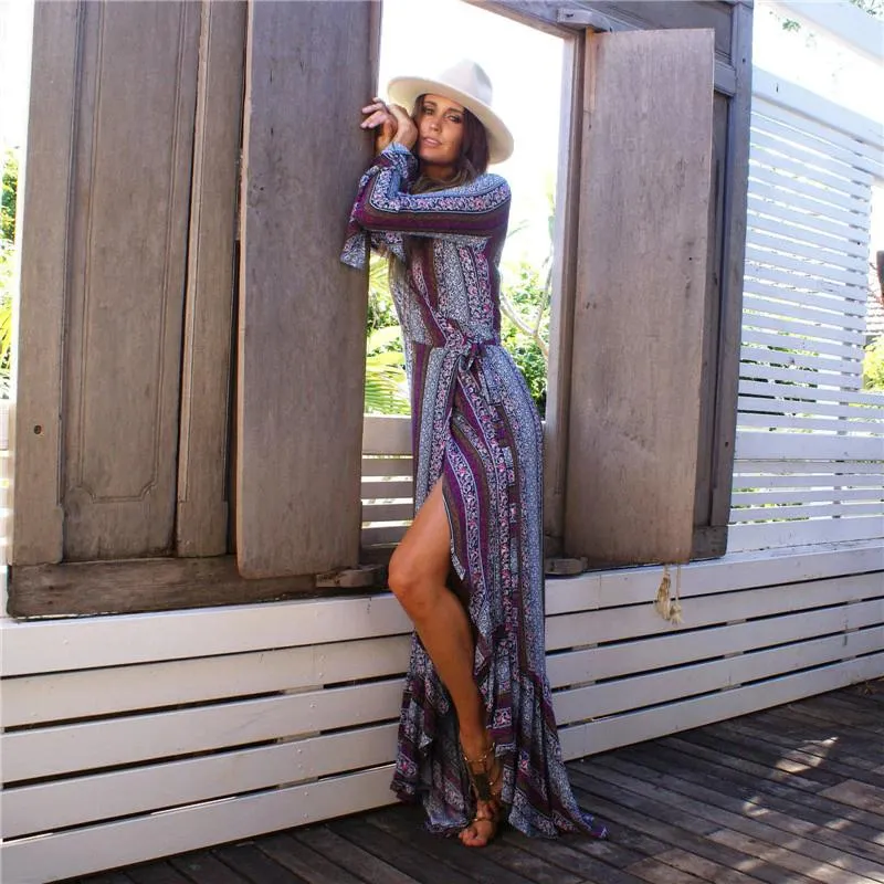 Plus Size Women's Bohemian Style V-Neck Long Sleeve Printed Maxi Dress