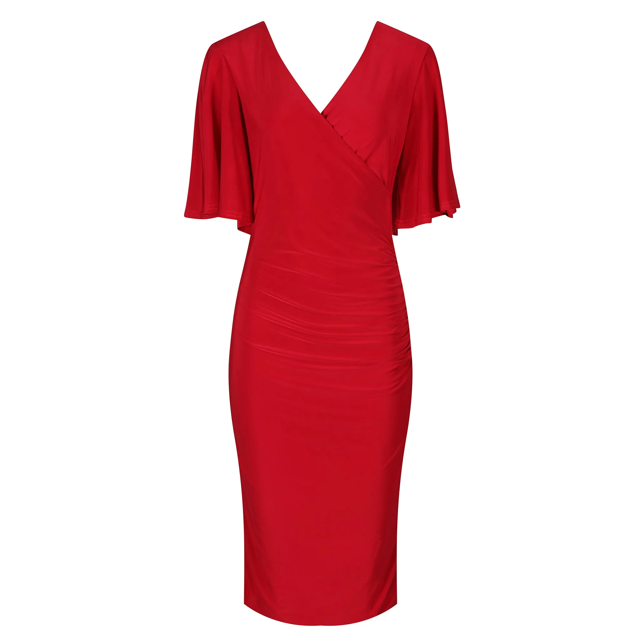 Red Wrap Top Slinky Cocktail Wiggle Dress w/ Butterfly Sleeves