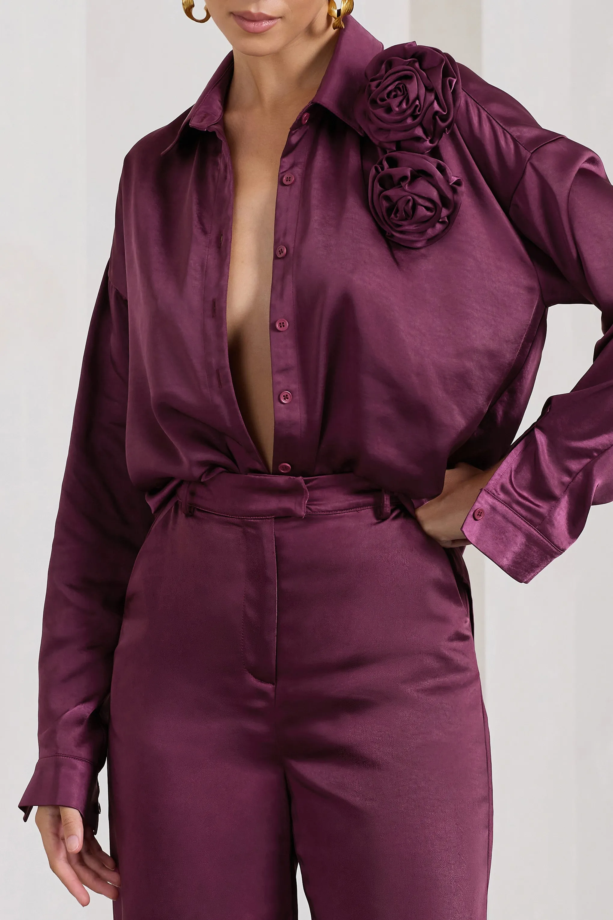 Rosanna | Burgundy Satin Oversized Shirt With Flowers