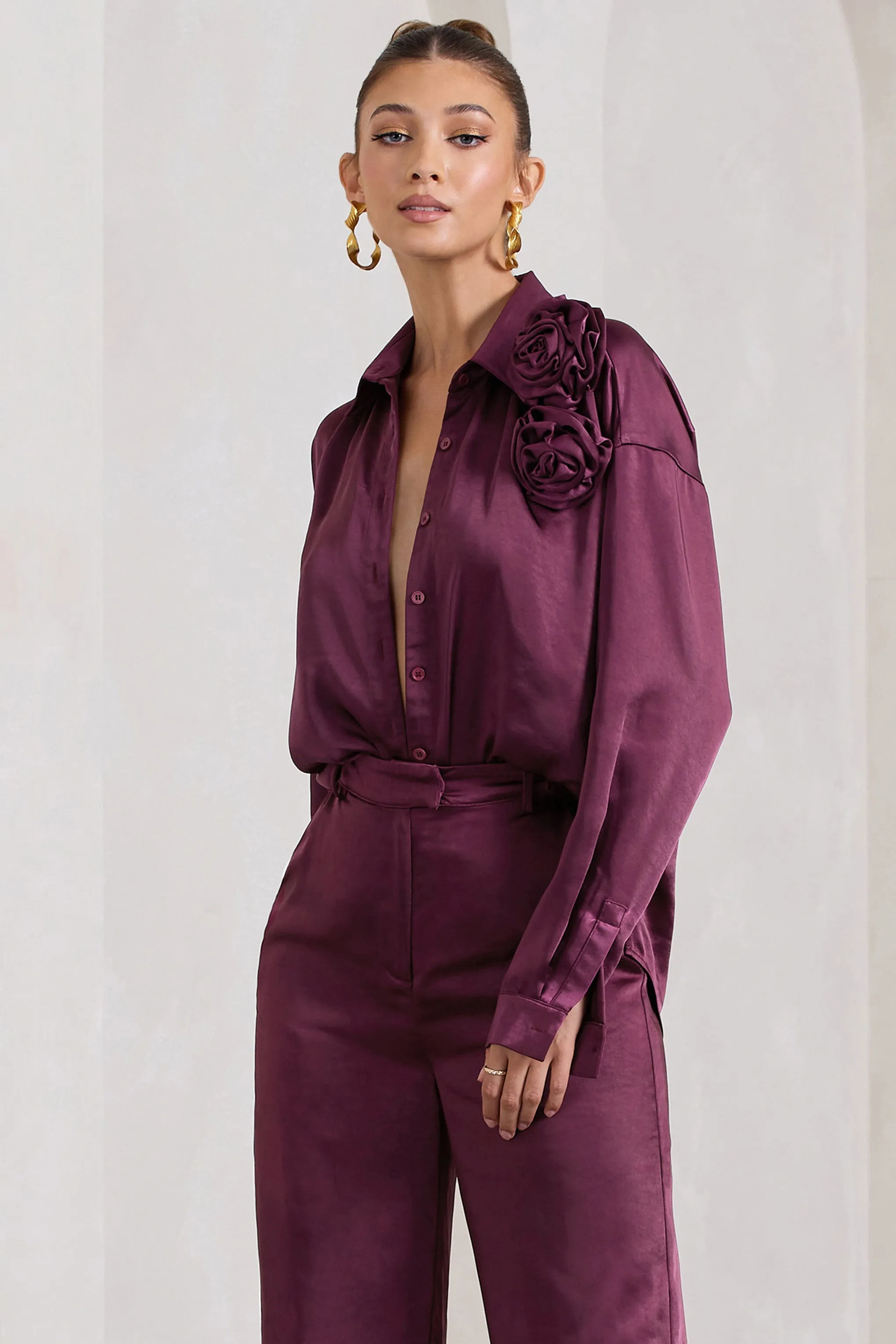 Rosanna | Burgundy Satin Oversized Shirt With Flowers