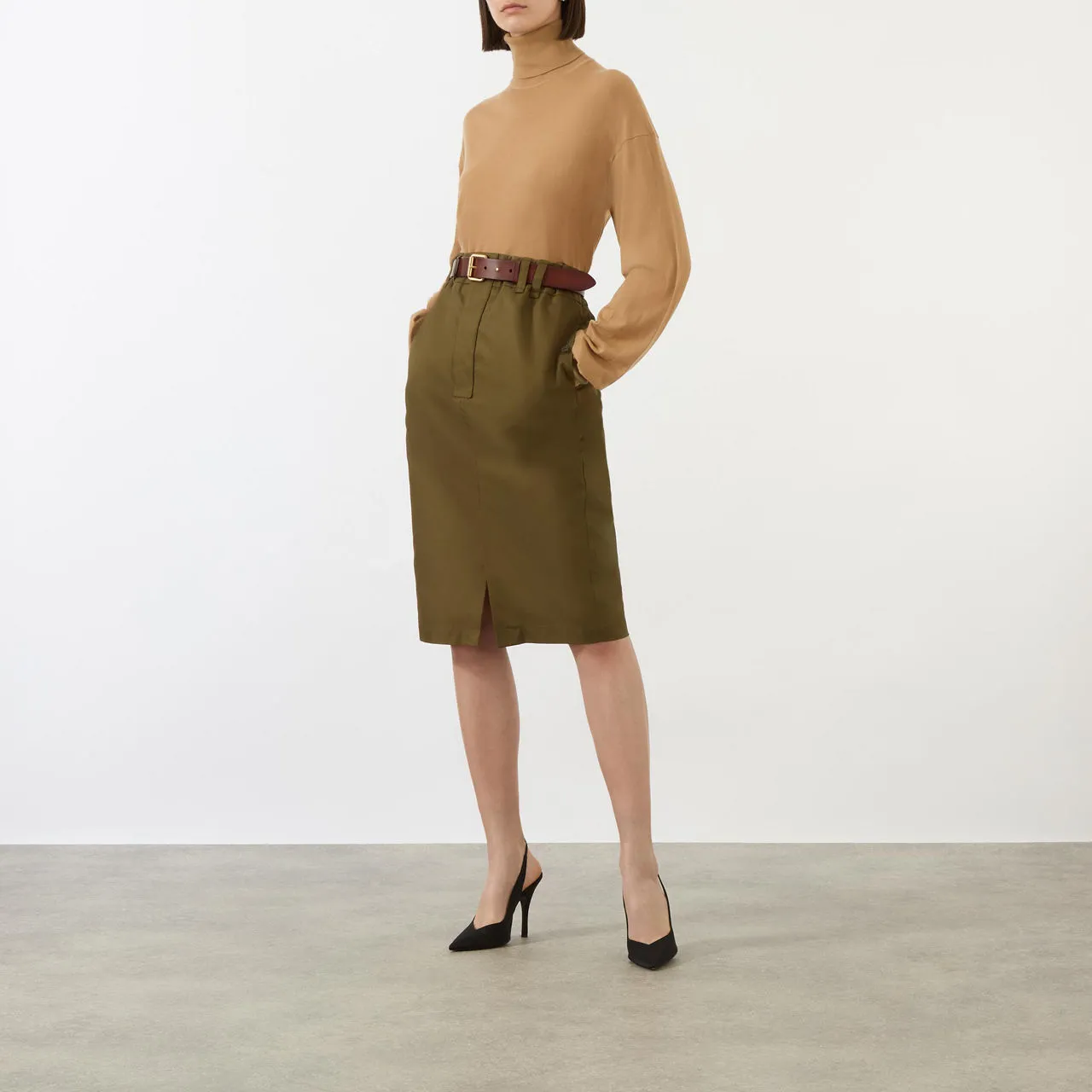 SAINT LAURENT High-Rise Belted Pencil Skirt - Bark