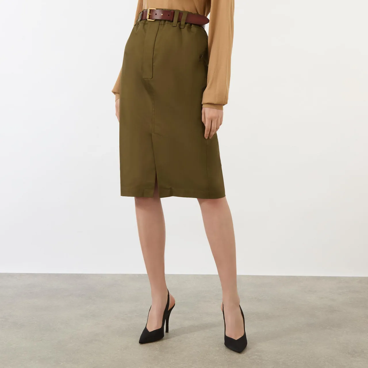 SAINT LAURENT High-Rise Belted Pencil Skirt - Bark