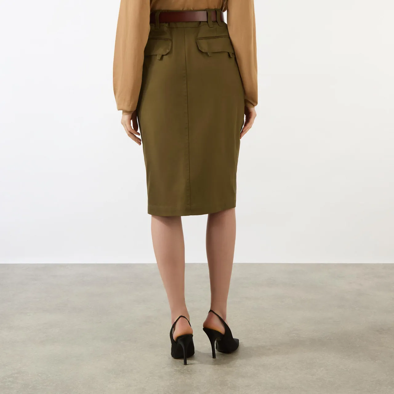 SAINT LAURENT High-Rise Belted Pencil Skirt - Bark