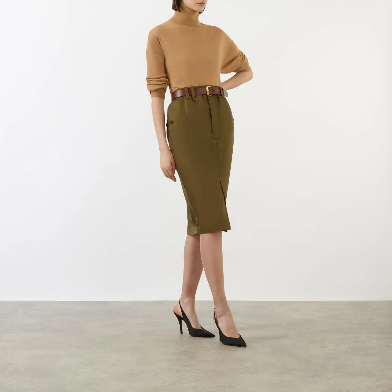 SAINT LAURENT High-Rise Belted Pencil Skirt - Bark