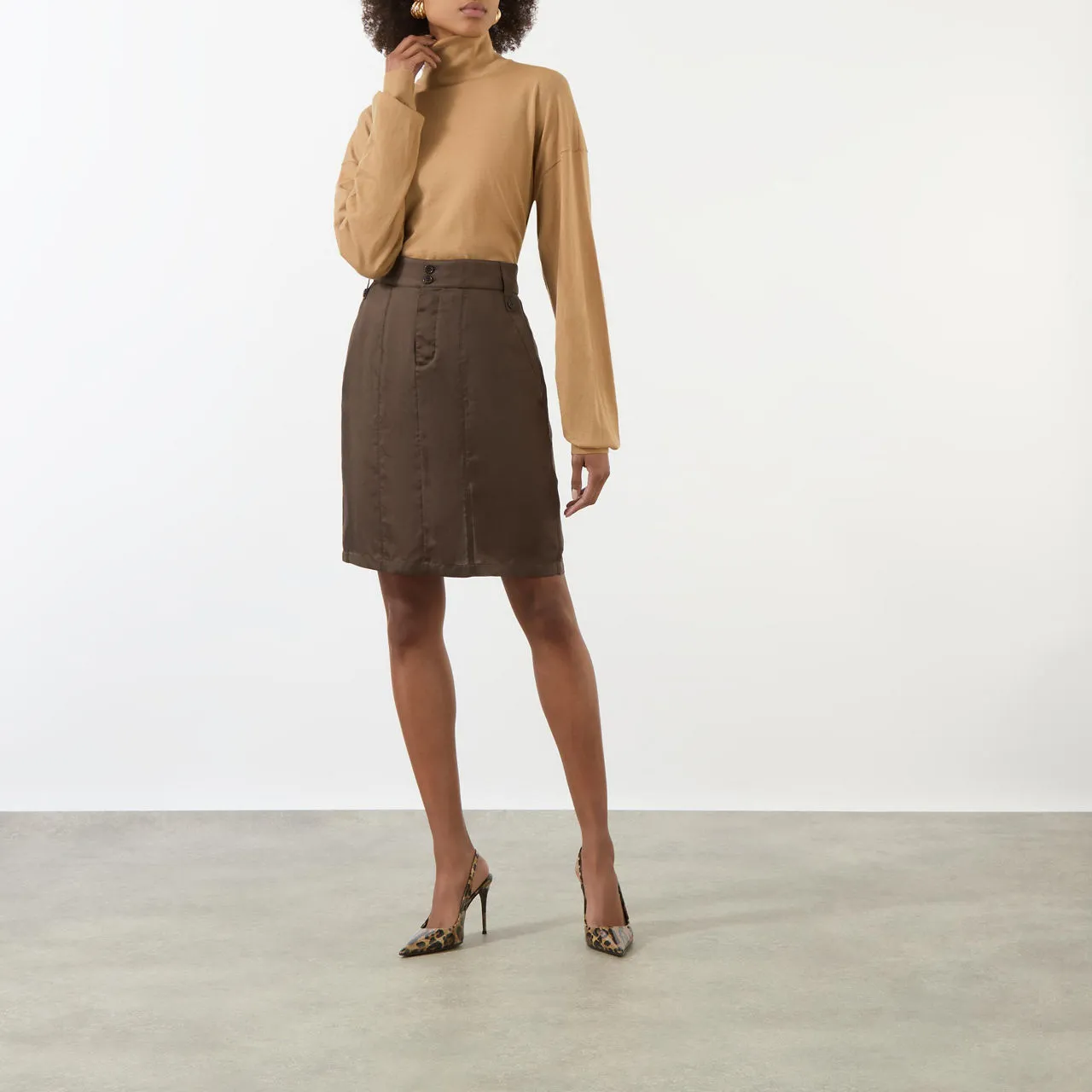 SAINT LAURENT Twill Pencil Skirt - Brown