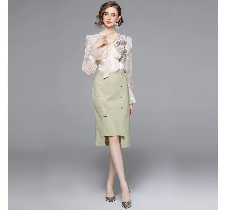 Set: Bow-Neck Ruffle Trim Embroidered Blouse + Plain Midi Pencil Skirt EE10