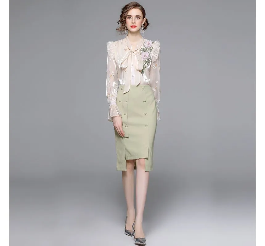 Set: Bow-Neck Ruffle Trim Embroidered Blouse + Plain Midi Pencil Skirt EE10