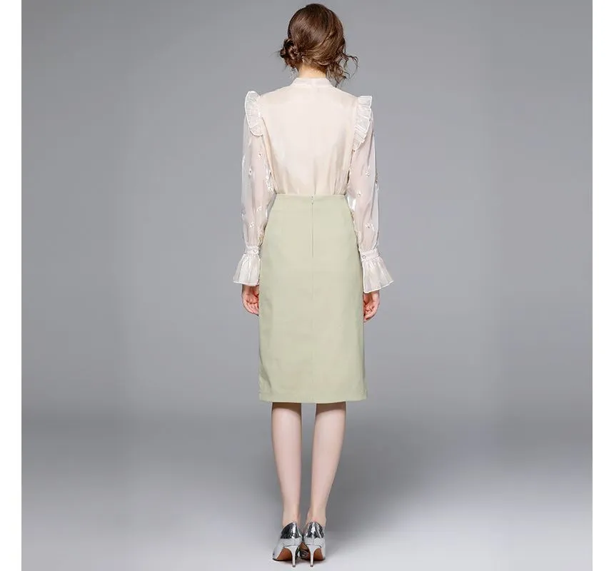 Set: Bow-Neck Ruffle Trim Embroidered Blouse + Plain Midi Pencil Skirt EE10