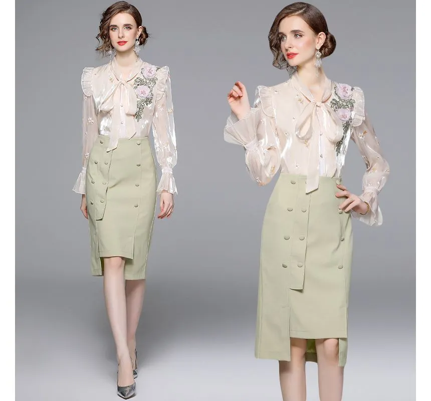 Set: Bow-Neck Ruffle Trim Embroidered Blouse + Plain Midi Pencil Skirt EE10