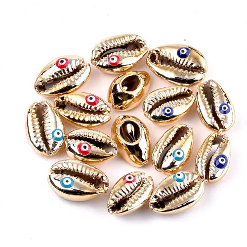 Shell Beads, Cowrie Shell, Electroplated, No Hole, With Enamel Evil Eye, Mixed Colors, 8-21mm