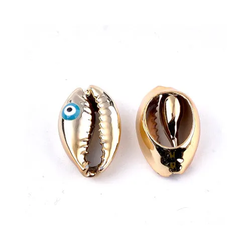 Shell Beads, Cowrie Shell, Electroplated, No Hole, With Enamel Evil Eye, Mixed Colors, 8-21mm