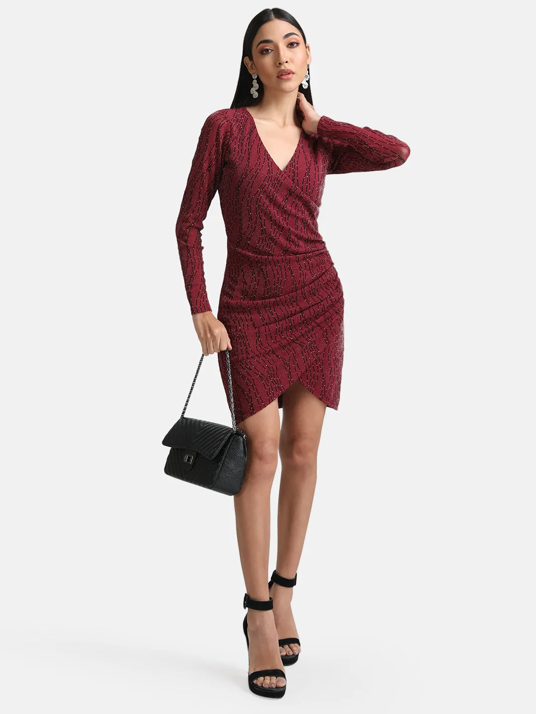 Stretchable Flock Mesh Wrap Mini Dress