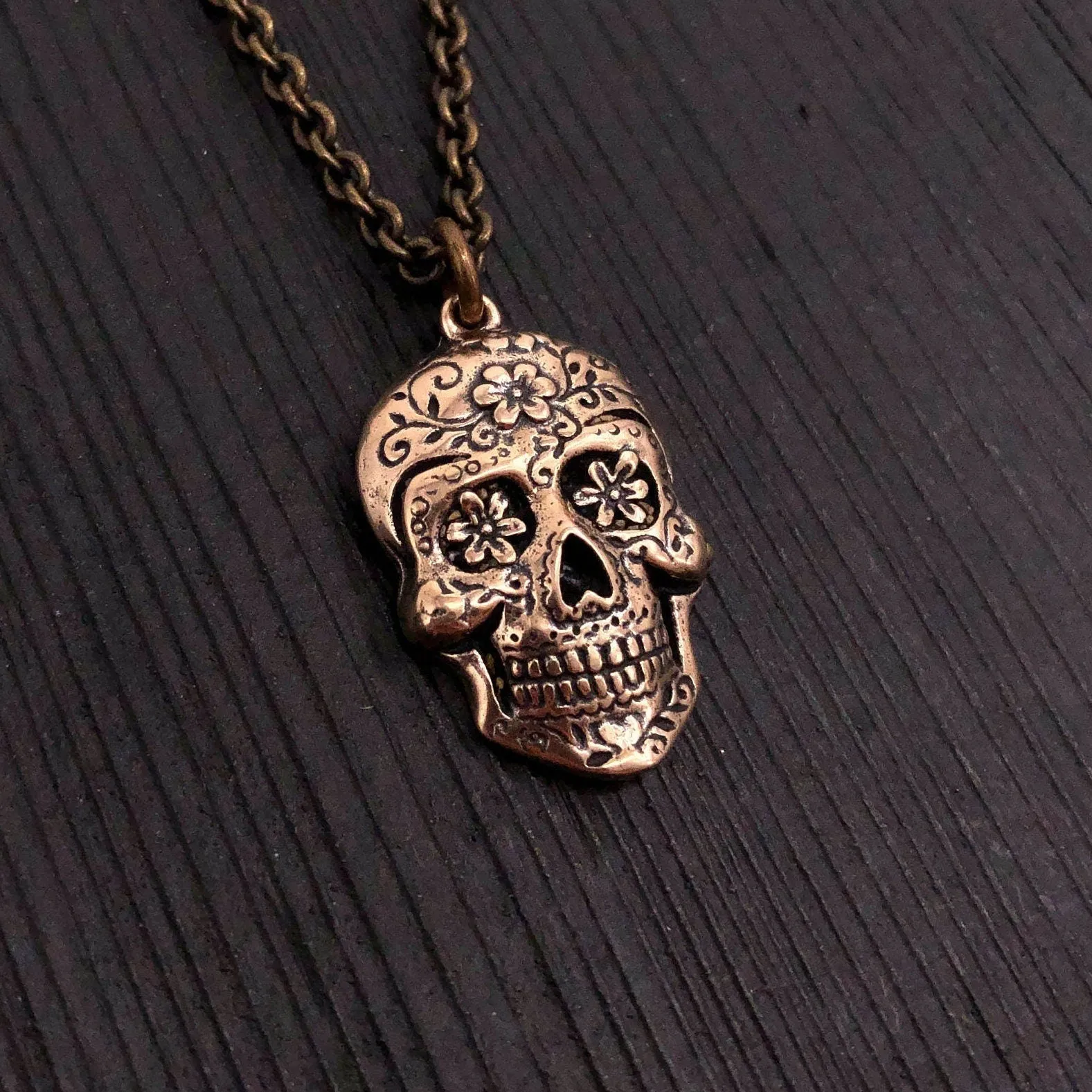 Sugar Skull Pendant Necklace in Solid Bronze - Day of the Dead