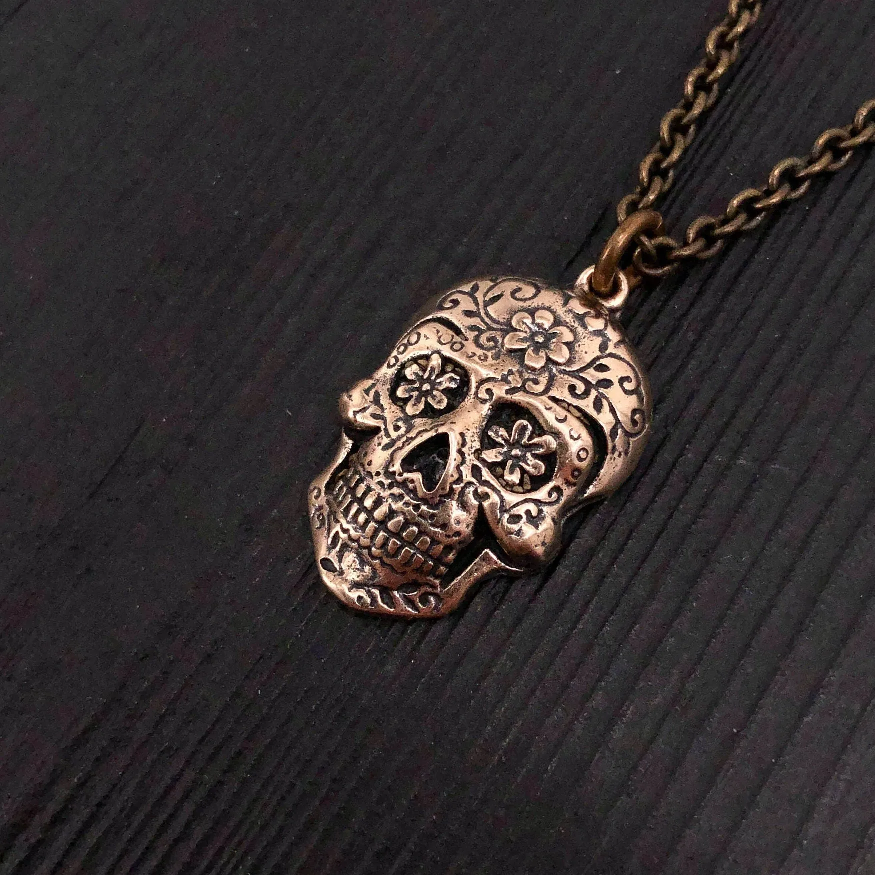 Sugar Skull Pendant Necklace in Solid Bronze - Day of the Dead