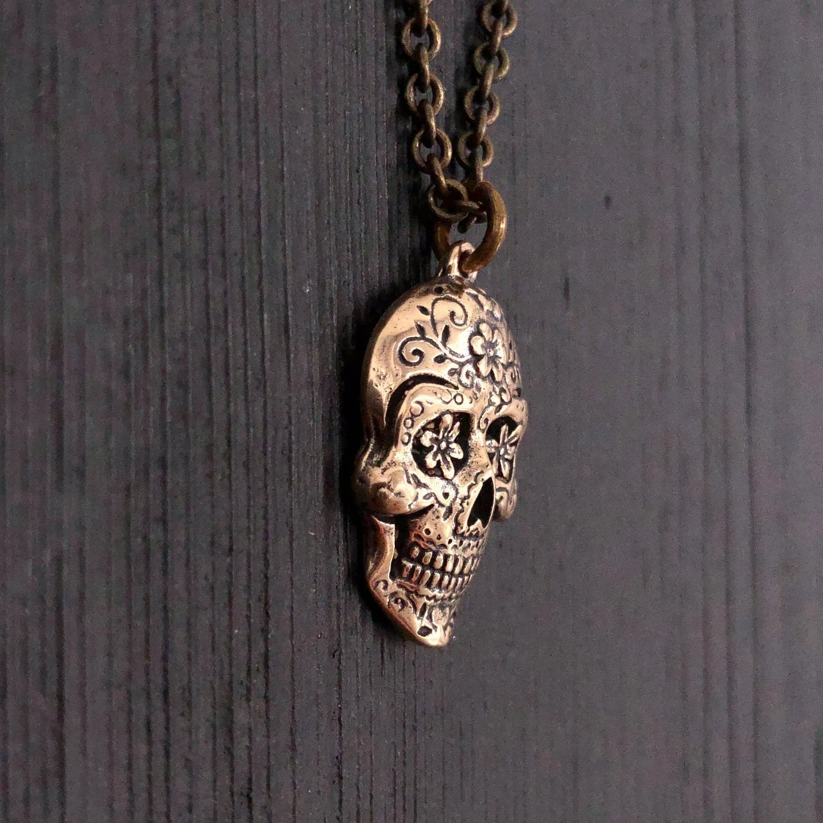 Sugar Skull Pendant Necklace in Solid Bronze - Day of the Dead