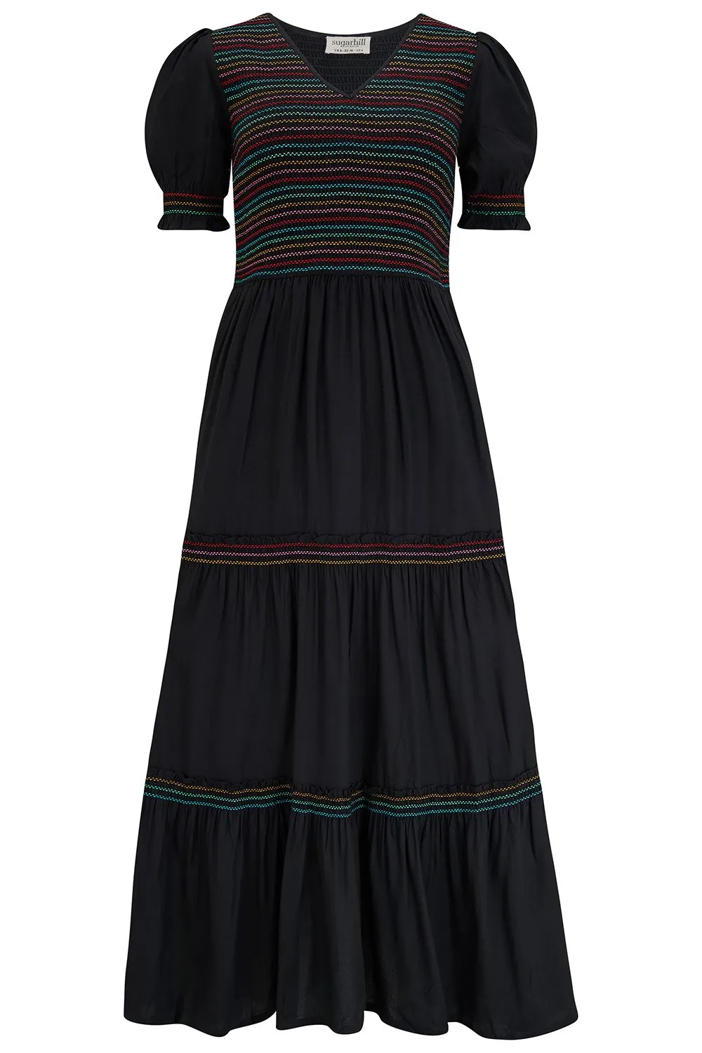 Sugarhill Brighton Harley Black Rainbow Shirring Midi Shirred Dress