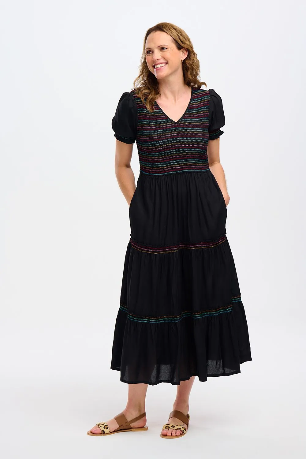 Sugarhill Brighton Harley Black Rainbow Shirring Midi Shirred Dress