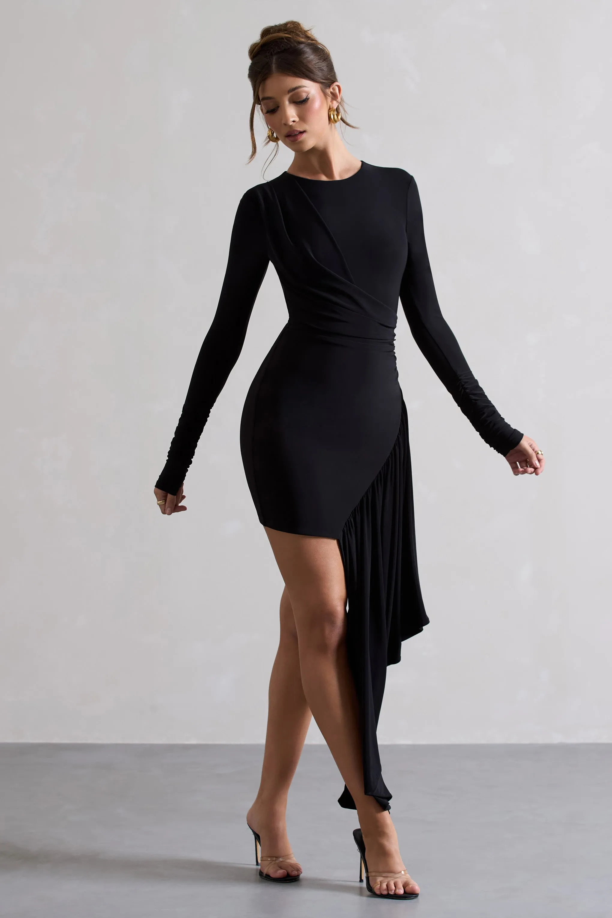 Tate | Black Long-Sleeve Wrap Mini Dress With Drape