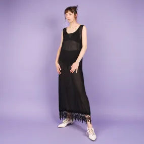 Vintage Black Semi Sheer Fringe Maxi Dress  (S)