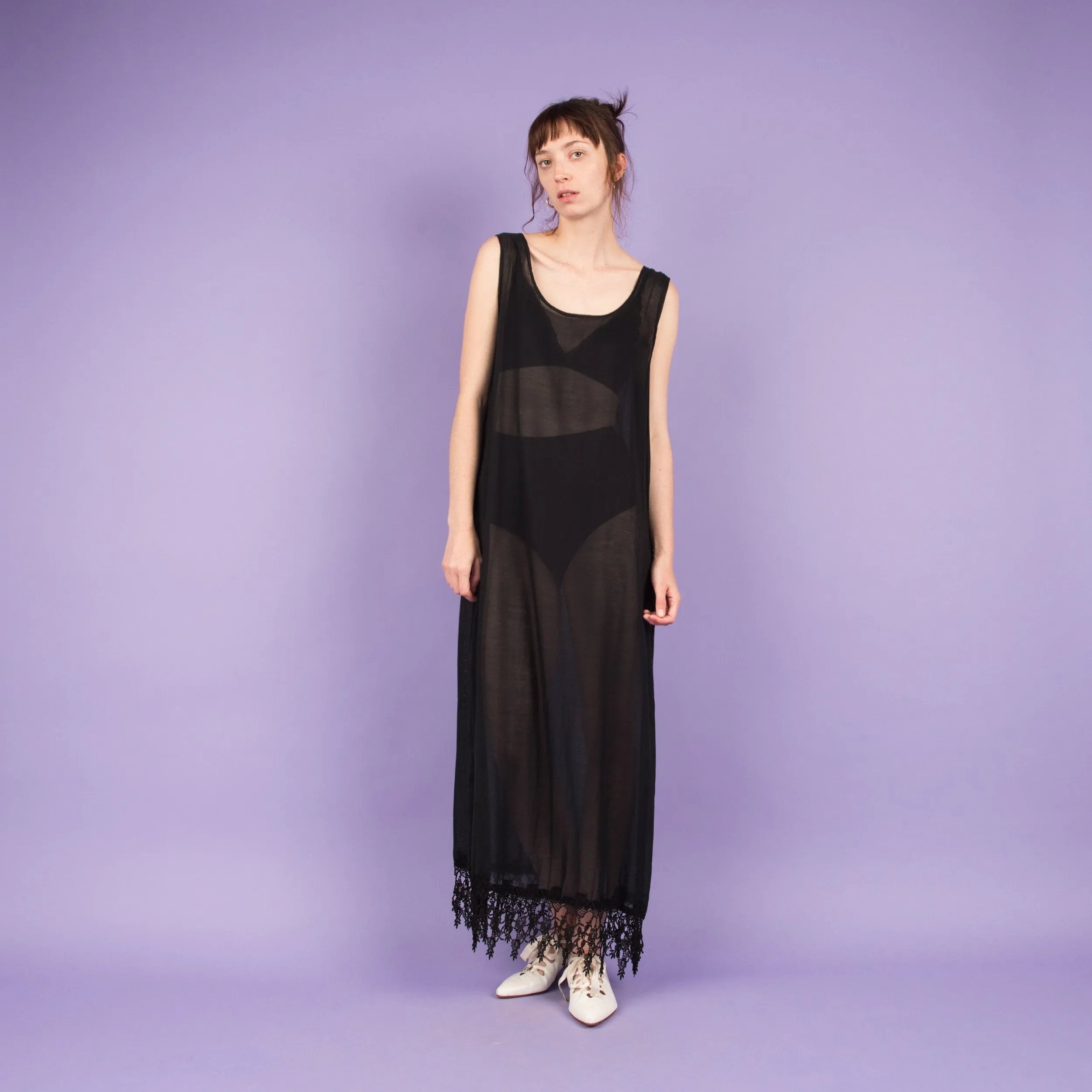 Vintage Black Semi Sheer Fringe Maxi Dress  (S)