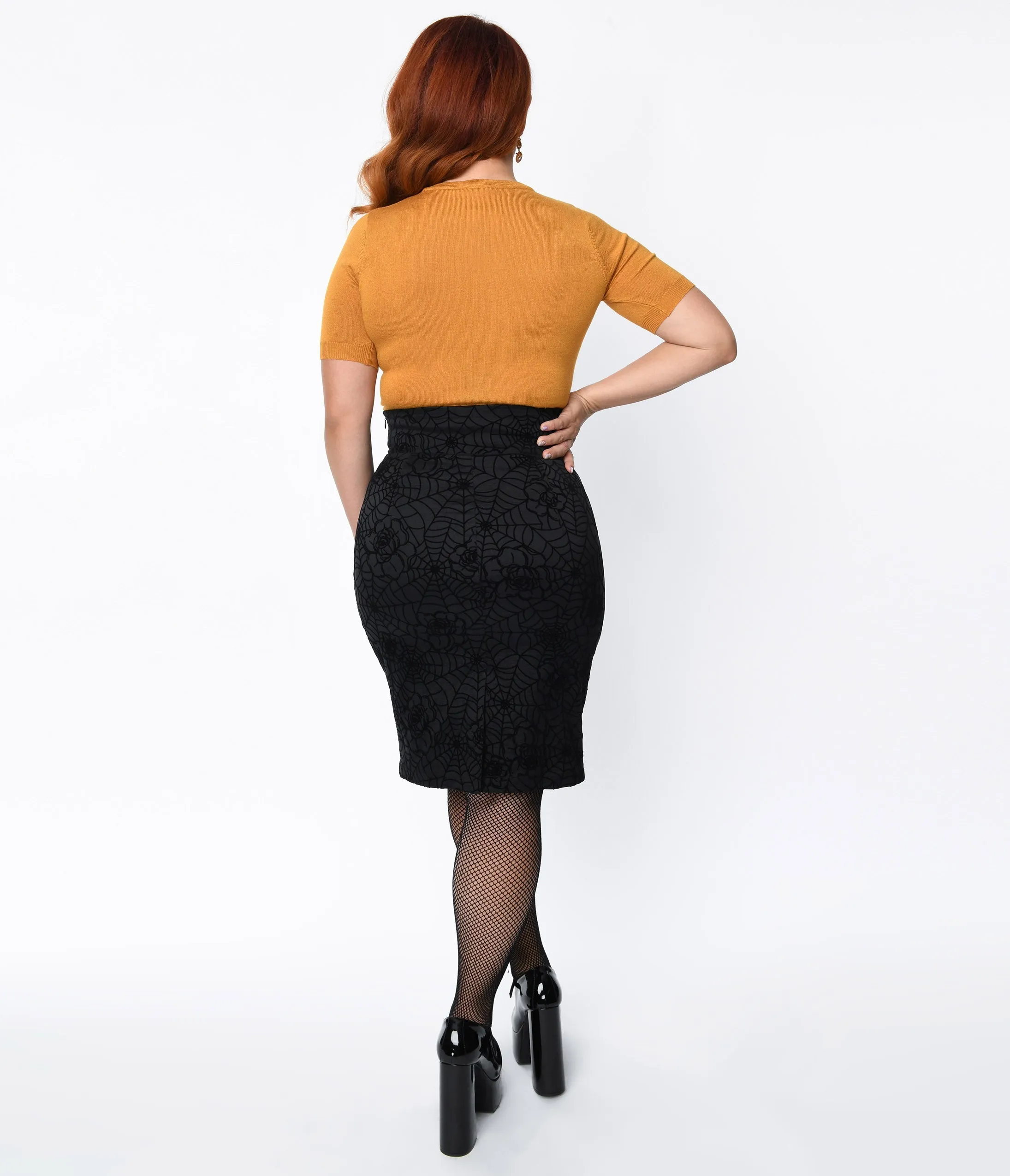 Voodoo Vixen Black Floral Spiderweb Pencil Skirt