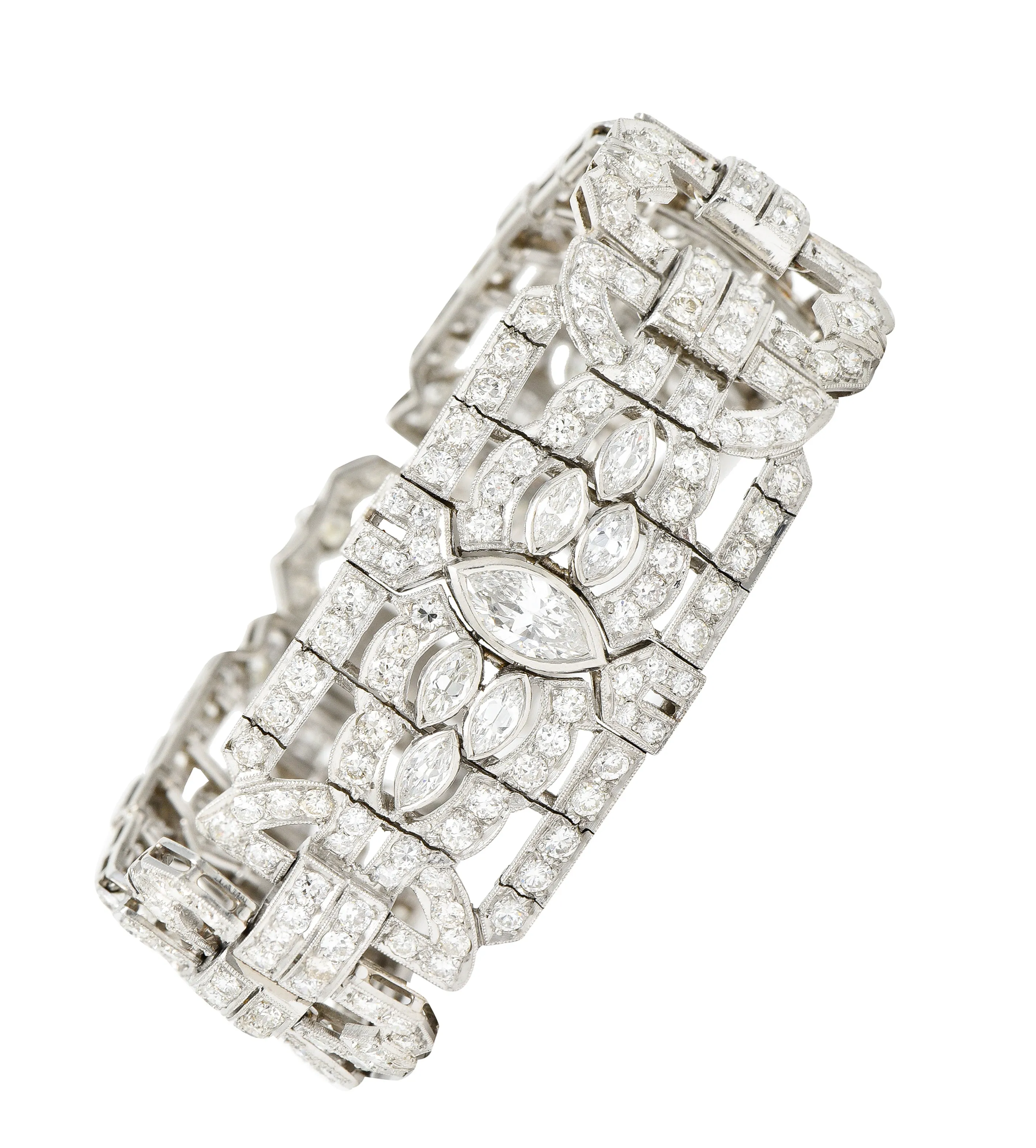 Waslikoff Art Deco 19.10 CTW Marquise Cut Diamond Platinum Geometric Wide Strap Link Bracelet