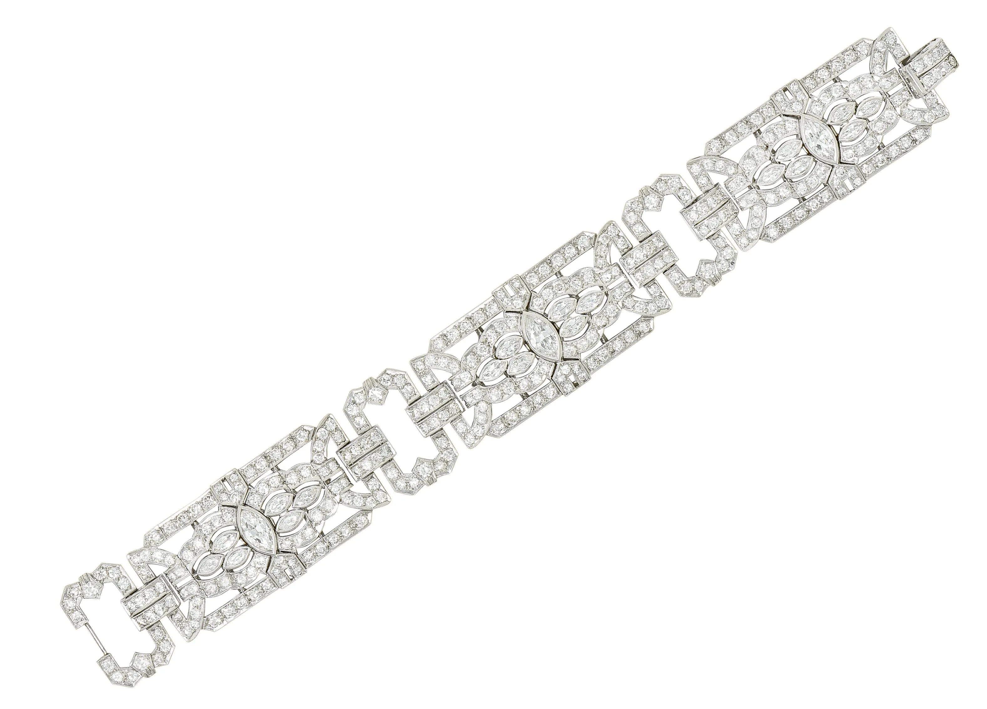 Waslikoff Art Deco 19.10 CTW Marquise Cut Diamond Platinum Geometric Wide Strap Link Bracelet