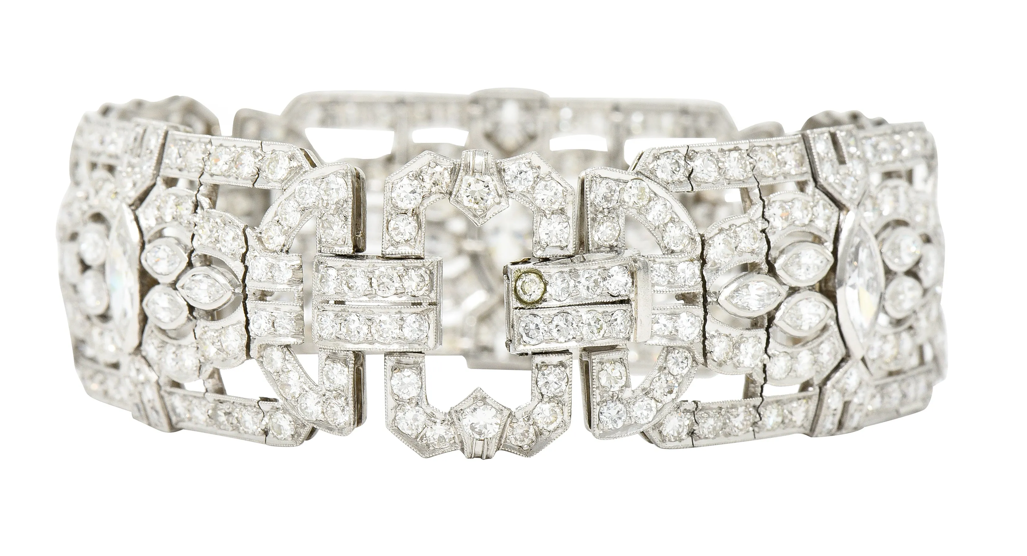 Waslikoff Art Deco 19.10 CTW Marquise Cut Diamond Platinum Geometric Wide Strap Link Bracelet