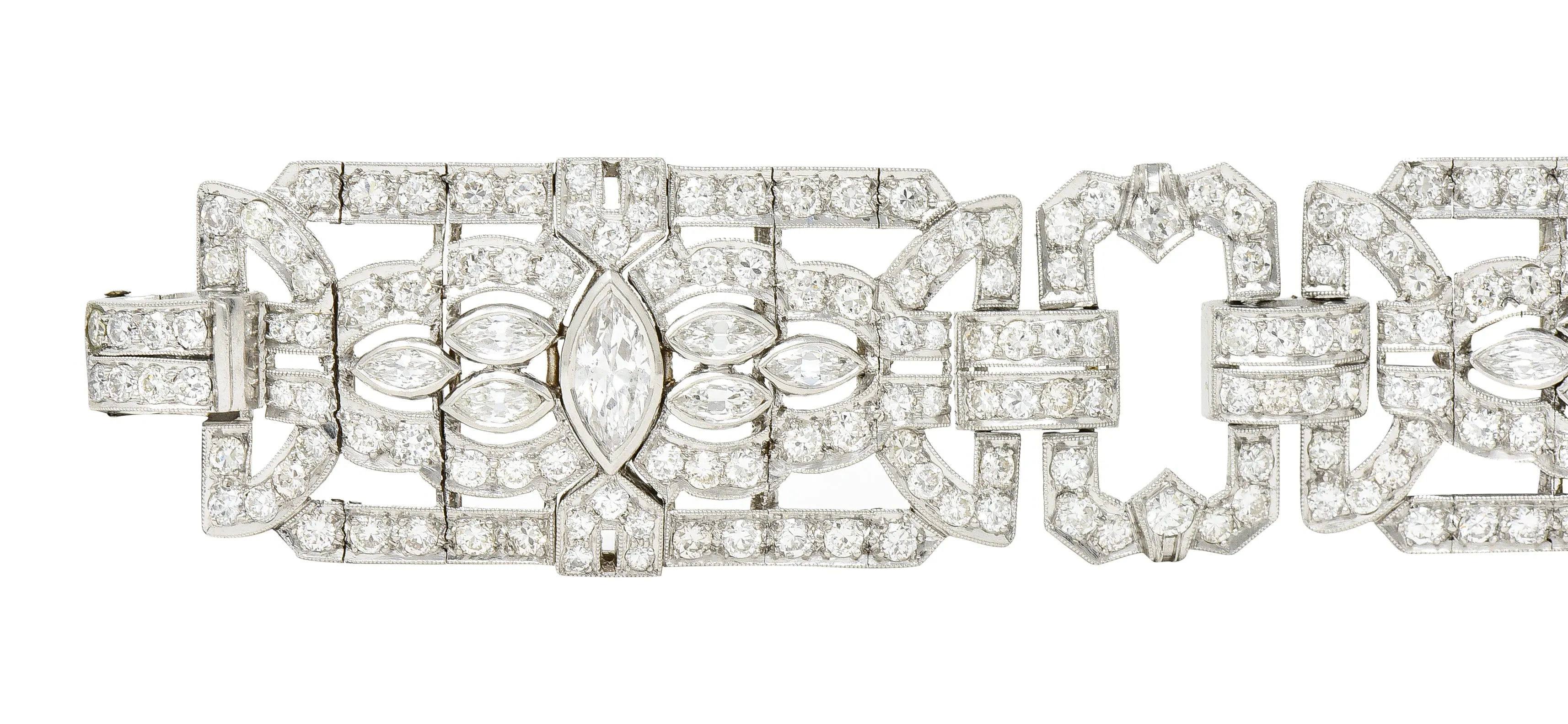 Waslikoff Art Deco 19.10 CTW Marquise Cut Diamond Platinum Geometric Wide Strap Link Bracelet