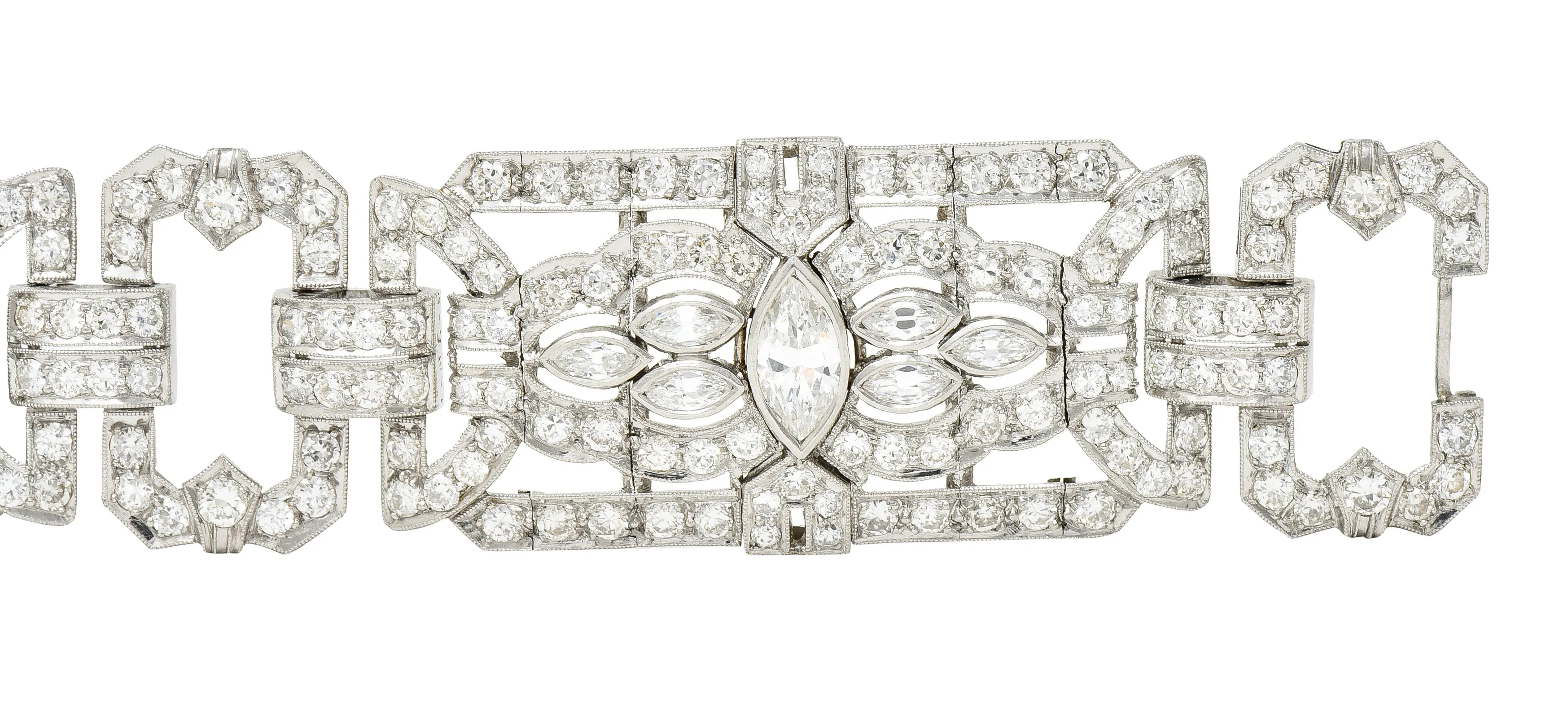 Waslikoff Art Deco 19.10 CTW Marquise Cut Diamond Platinum Geometric Wide Strap Link Bracelet