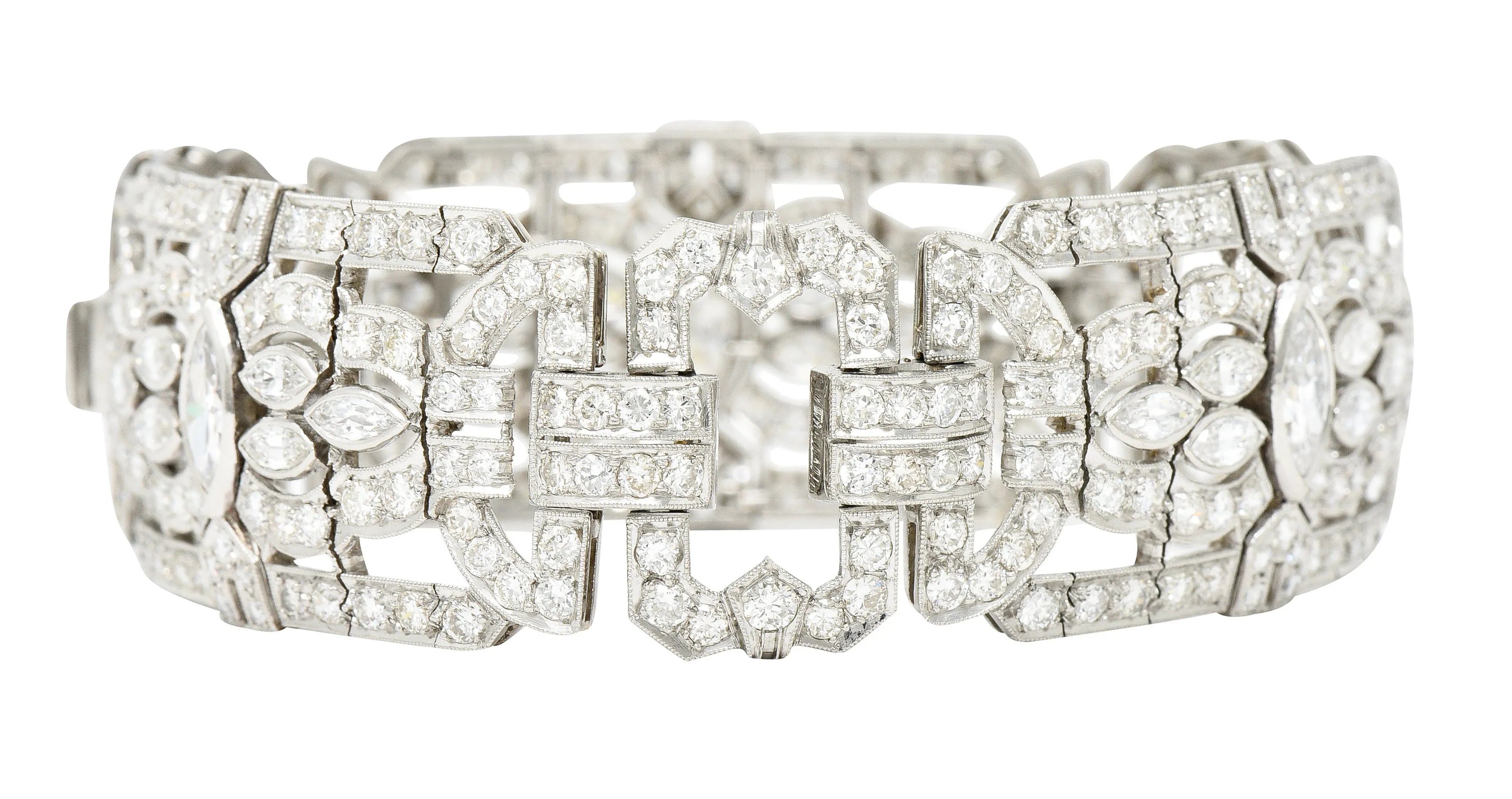 Waslikoff Art Deco 19.10 CTW Marquise Cut Diamond Platinum Geometric Wide Strap Link Bracelet