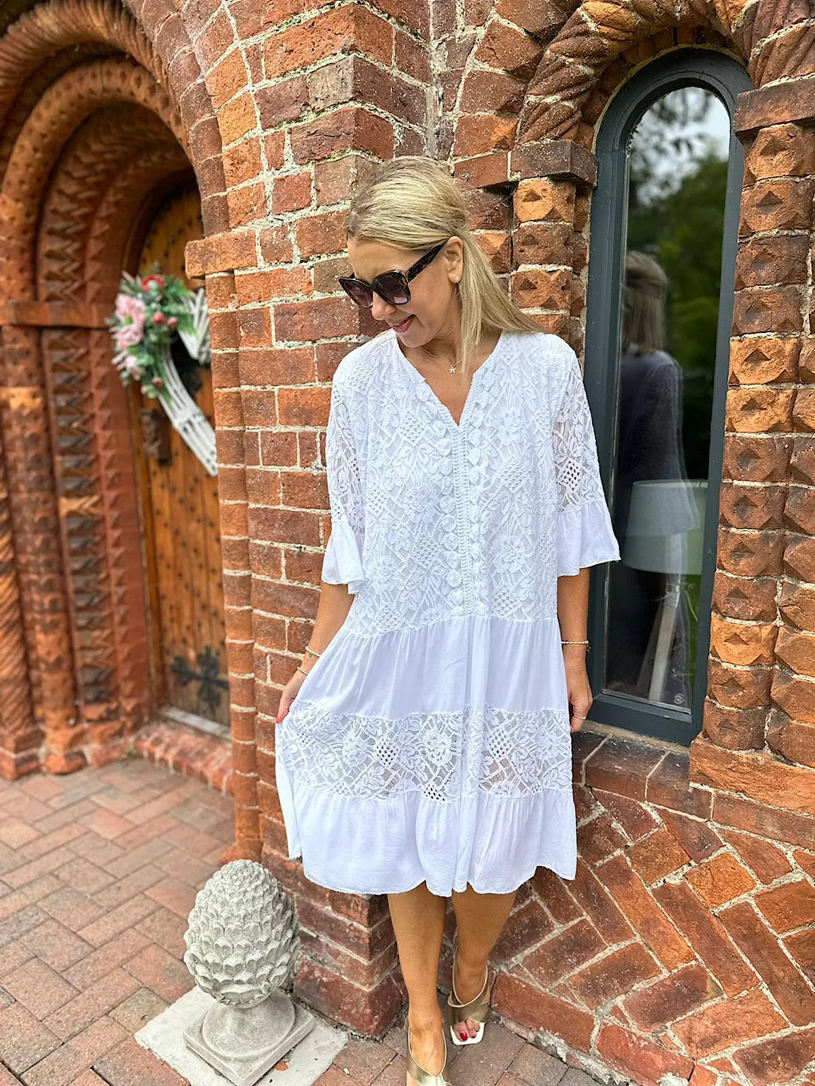 White Crochet Lace Tiered Dress Velma