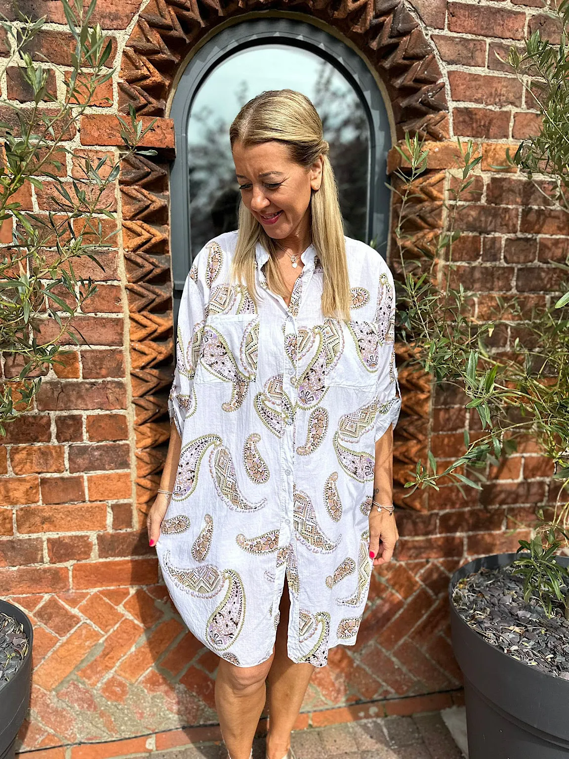 White Paisley Shirt Dress Cassie