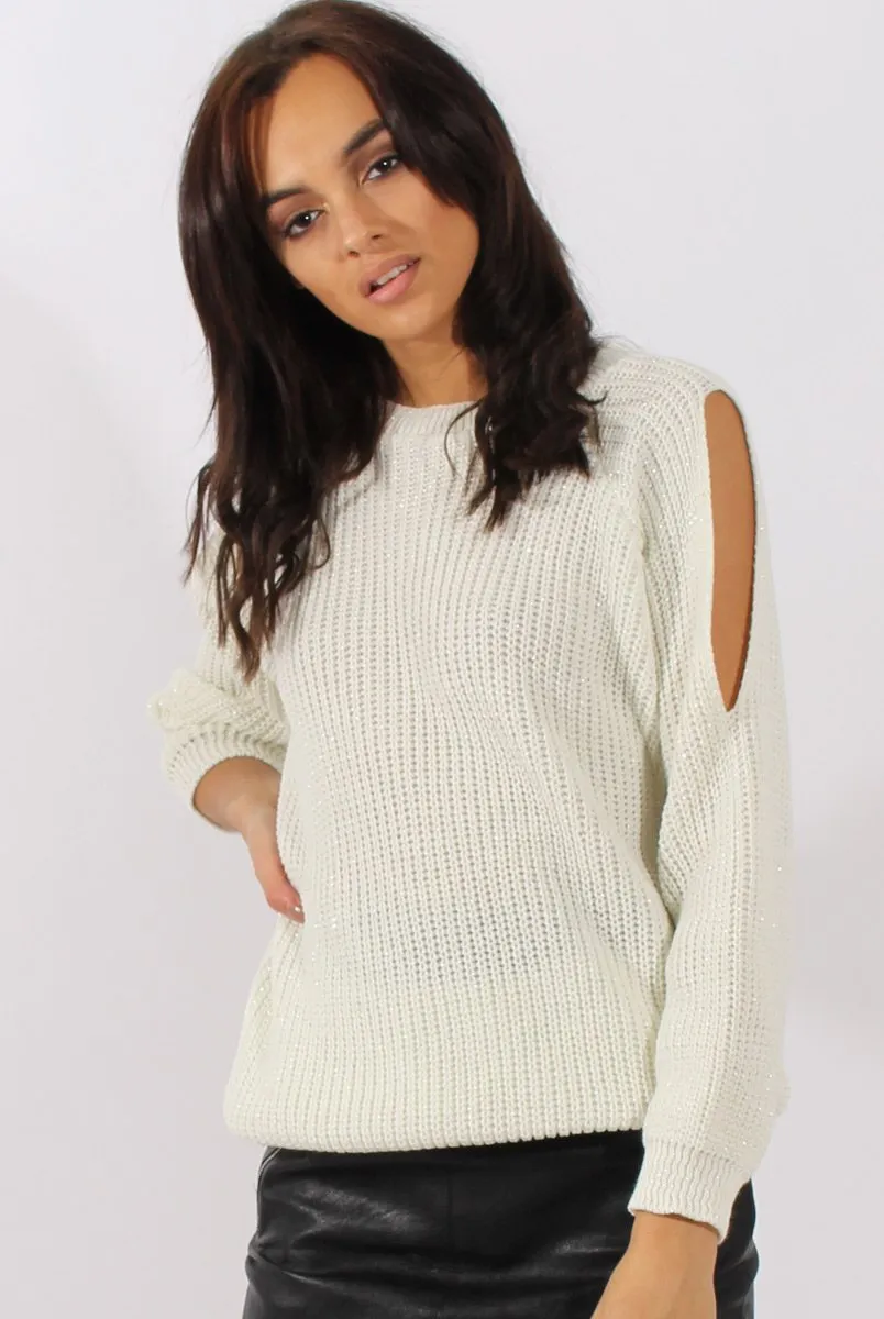 White Sparkle Knitted Cold Shoulder Jumper - May