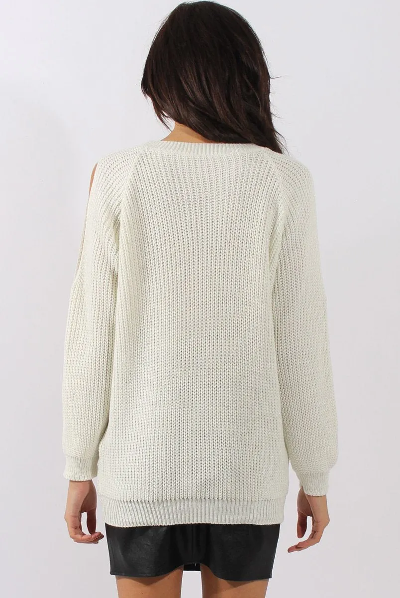 White Sparkle Knitted Cold Shoulder Jumper - May