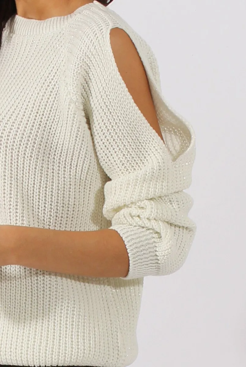 White Sparkle Knitted Cold Shoulder Jumper - May