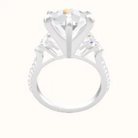 Wide Cathedral Diamond Band with Round Sidestone Trio Engagement Ring With Classic Six Prong Head