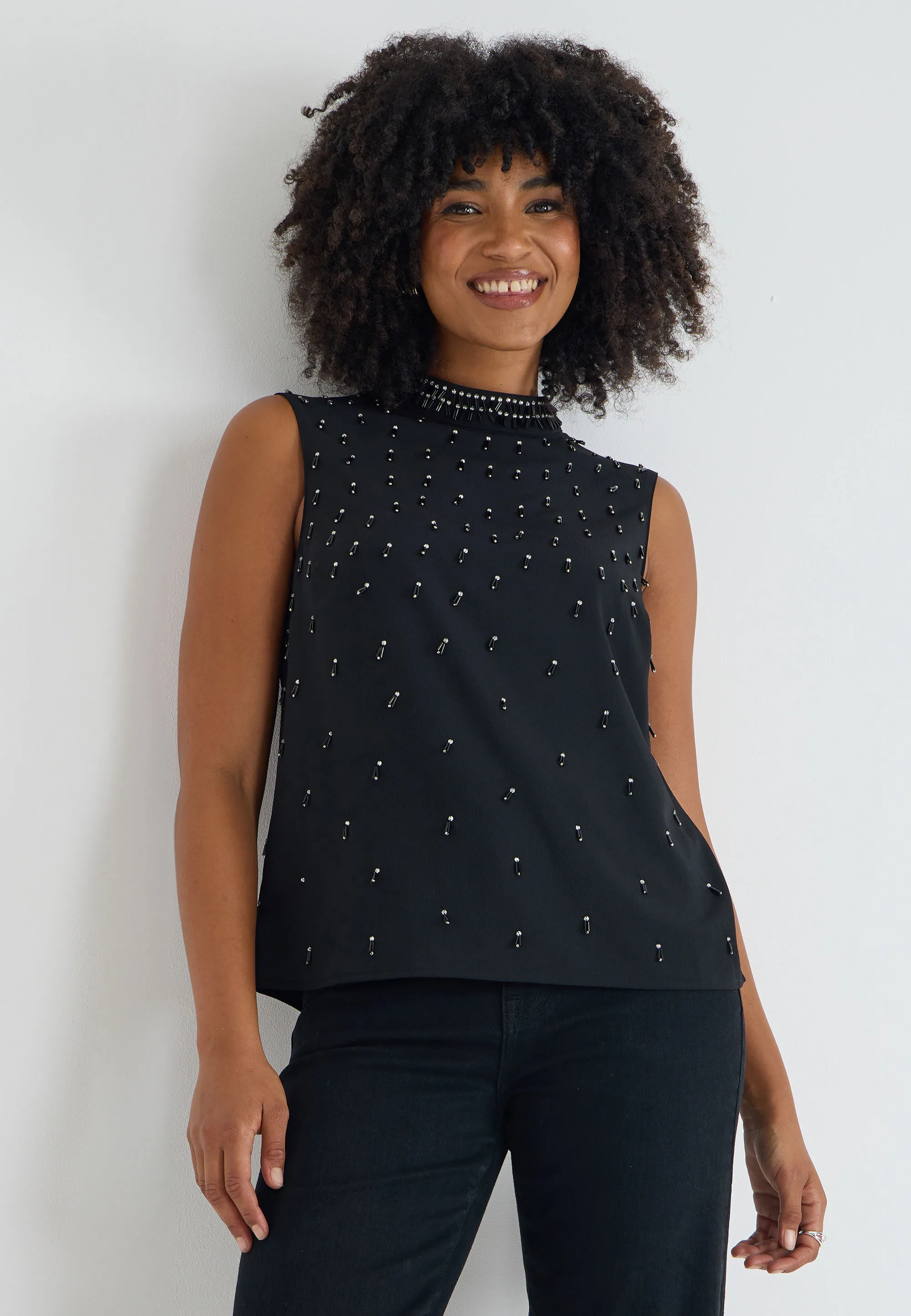 Womens Black Beaded Shell Top