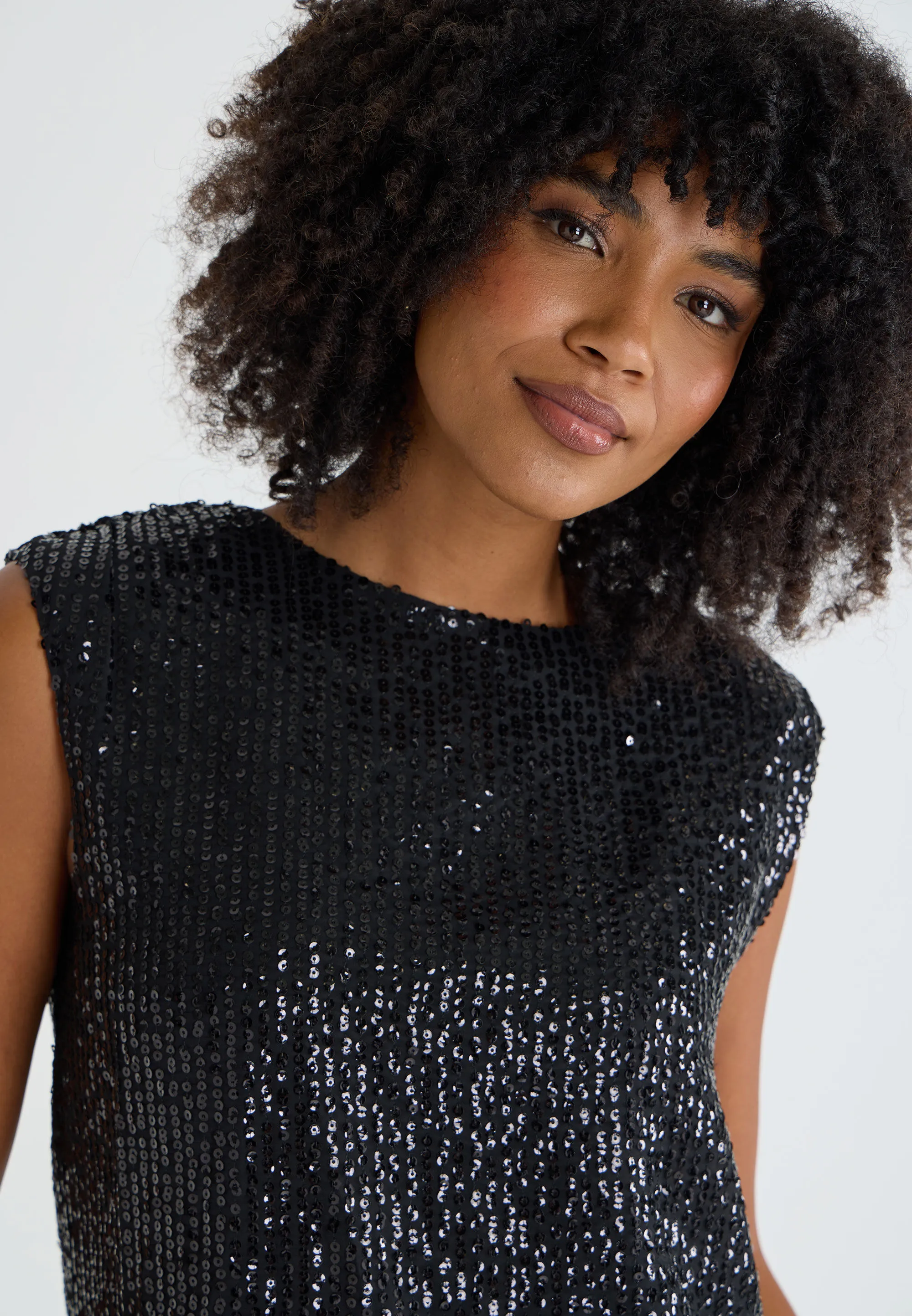 Womens Black Sequin Shell Top