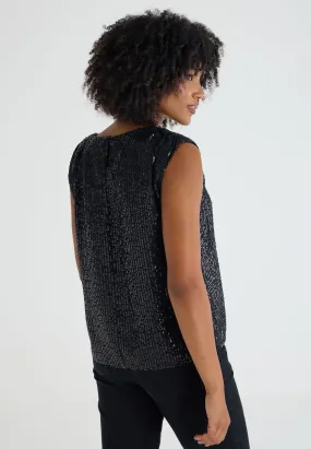 Womens Black Sequin Shell Top