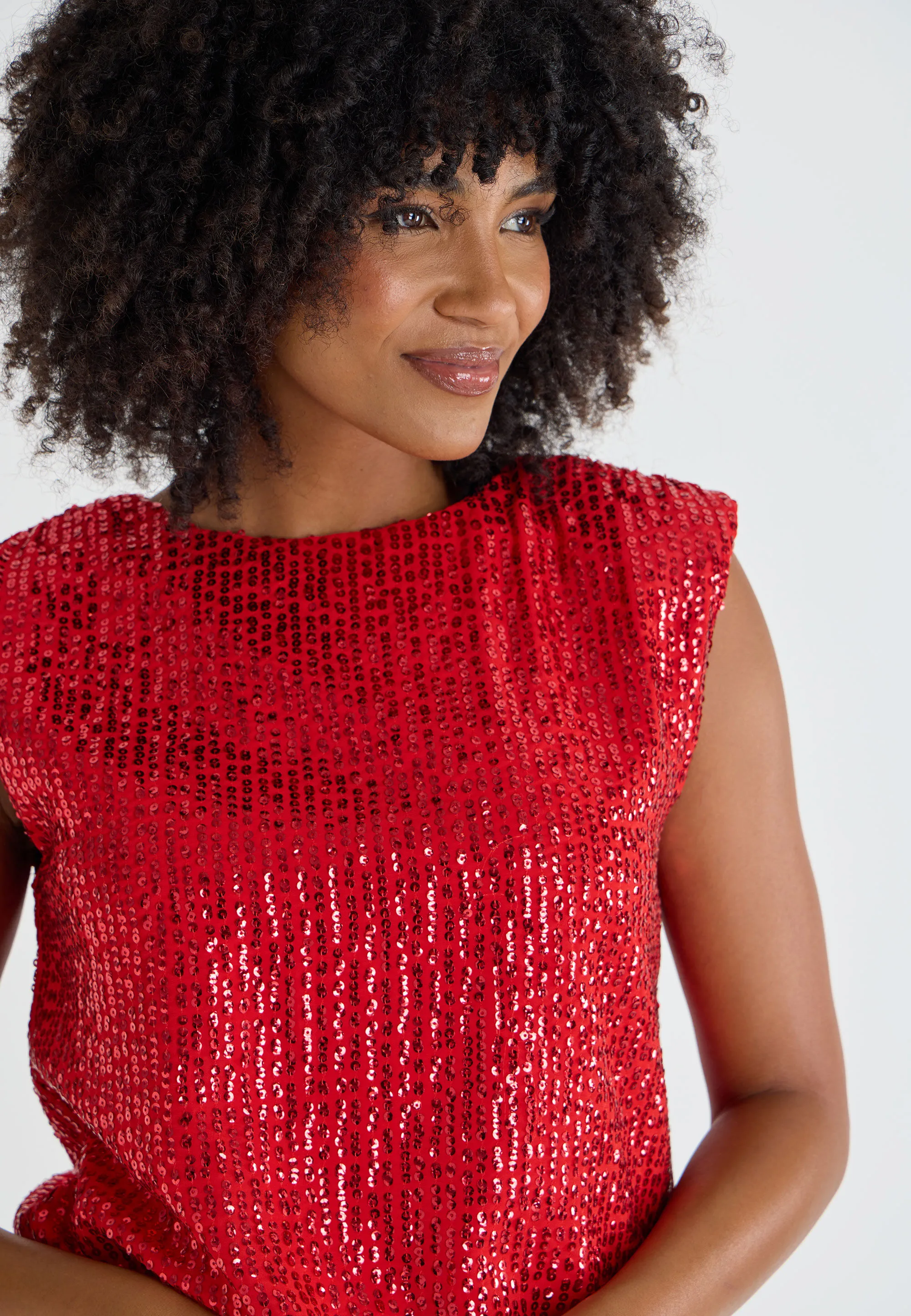 Womens Red Sequin Shell Top