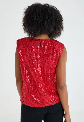 Womens Red Sequin Shell Top