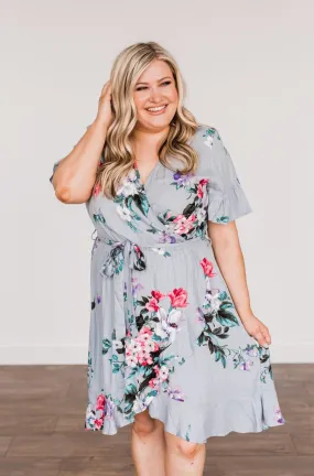 You're My Treasure Floral Wrap Dress- Grey