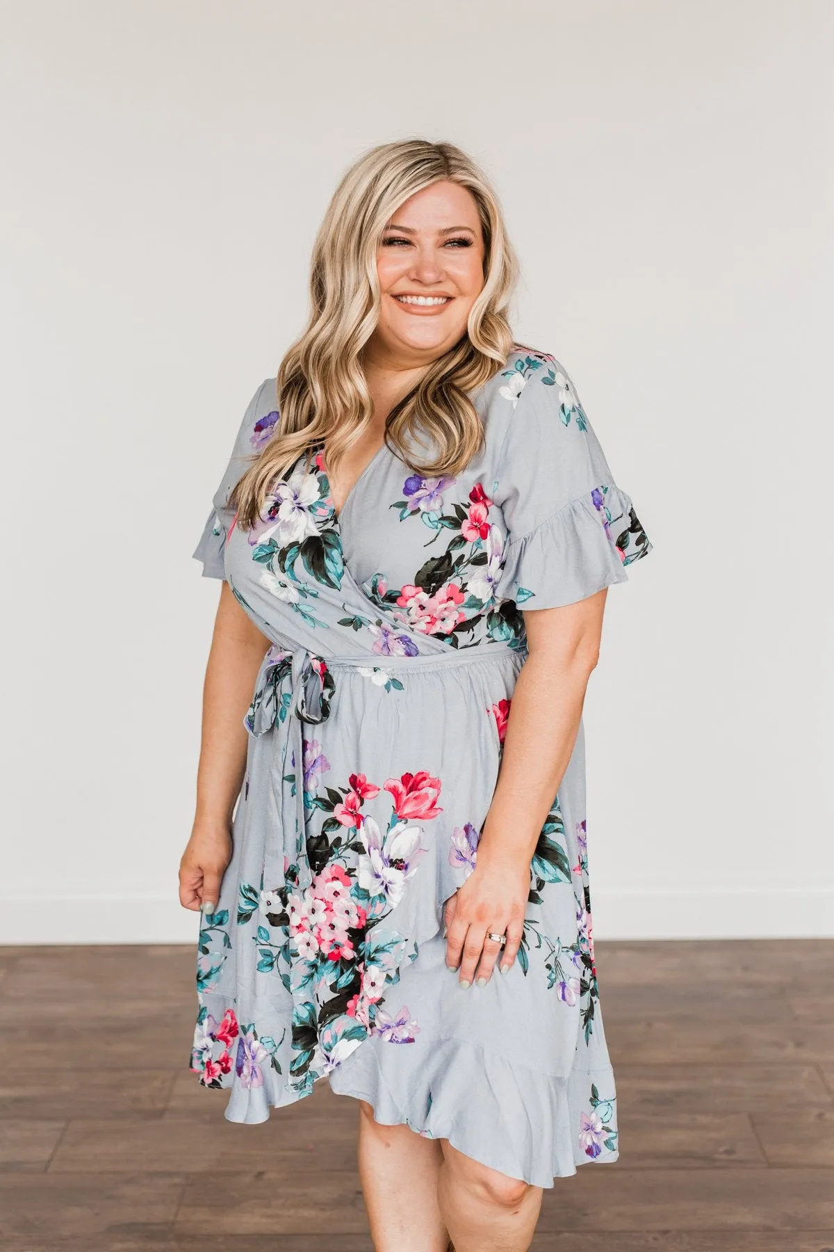 You're My Treasure Floral Wrap Dress- Grey