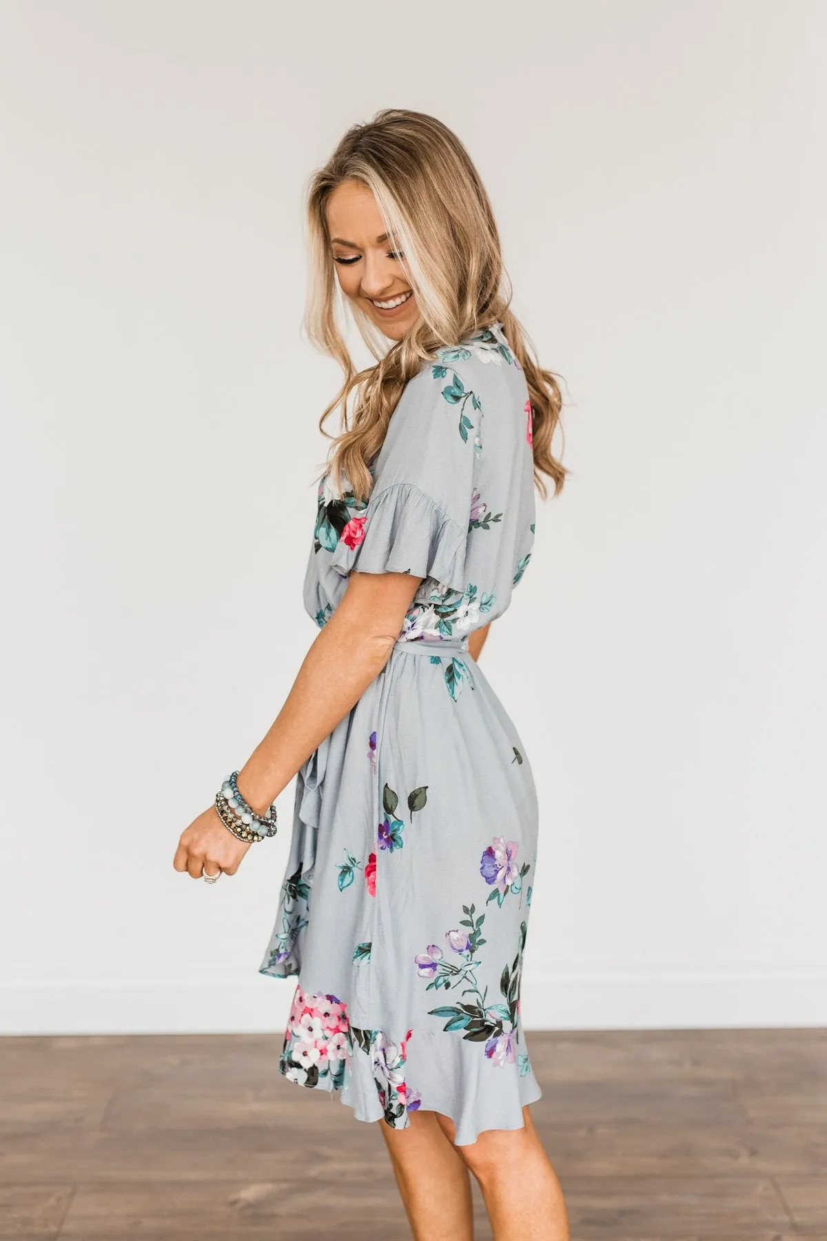 You're My Treasure Floral Wrap Dress- Grey