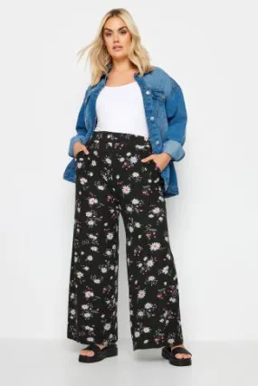 YOURS Curve Black Daisy Print Wide Leg Trouser