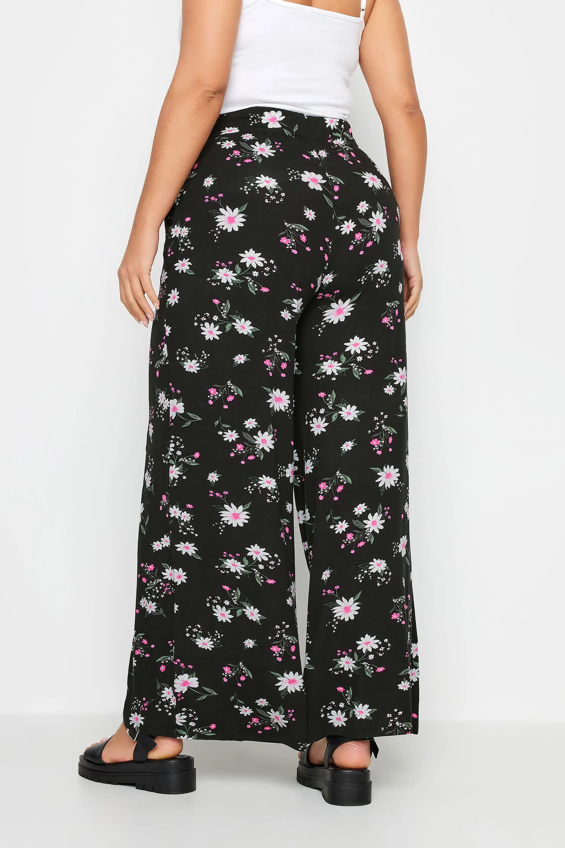 YOURS Curve Black Daisy Print Wide Leg Trouser