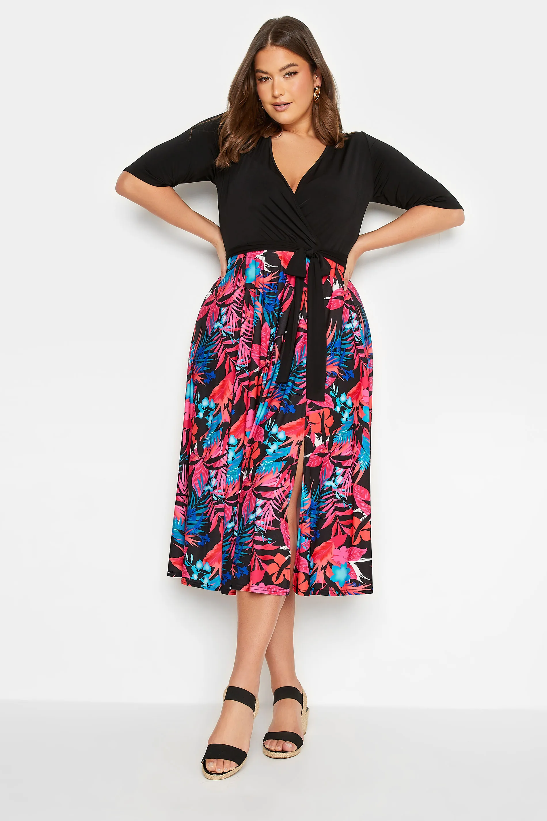 YOURS LONDON Curve Black Tropical Print Wrap Dress